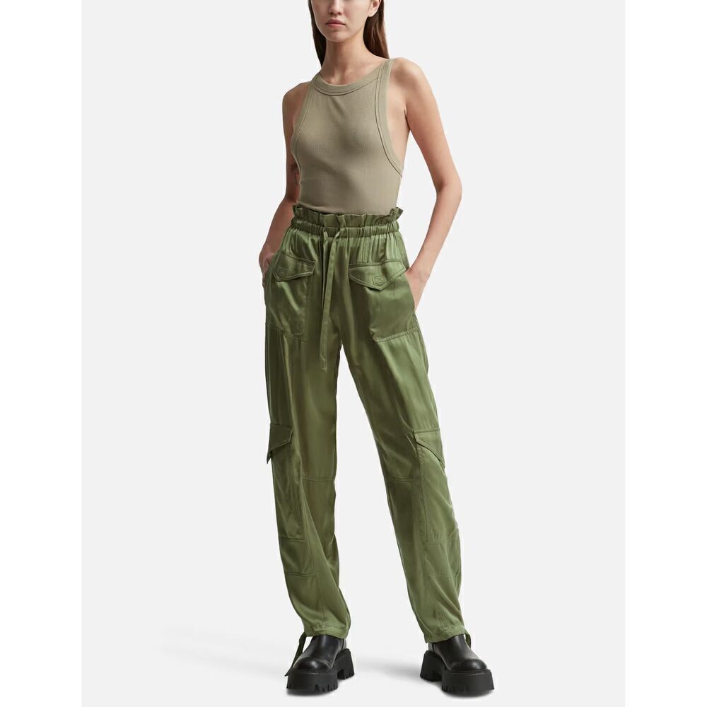 New GANNI Washed Satin Pants Cargo Relaxed Green Size 36 US Size 6